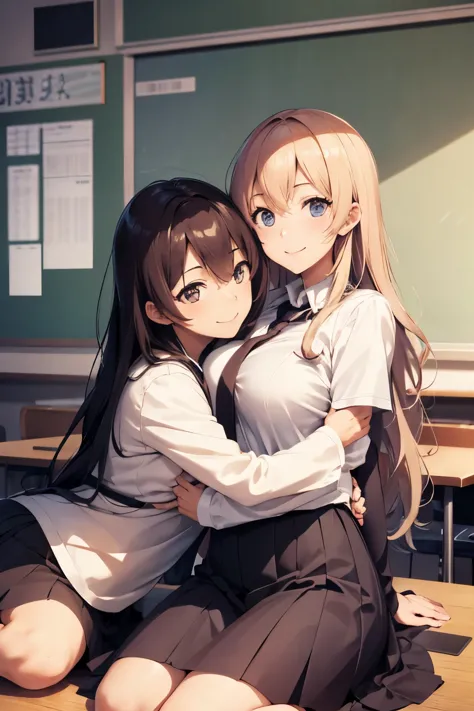 Full body, Japanese high school student, two lesbian couples, a girl with wavy hair and a girl with straight hair, cute, big eyes, small nose, big breasts, slender, , classroom, cuddling, smiling,