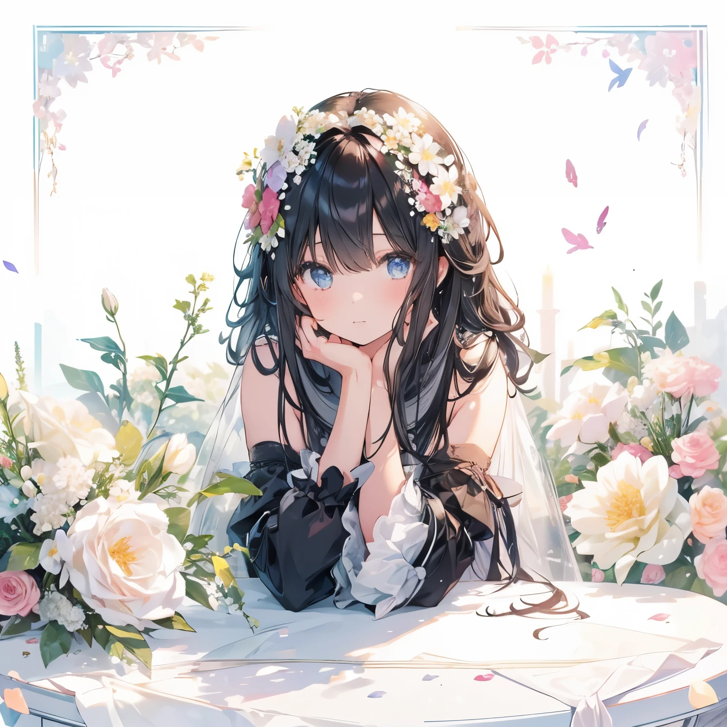 1สาว, ((ความละเอียดสูงคุณภาพดีที่สุด)), a wig is displayed sitting on a table with ดอกไม้s and some ดอกไม้s, ดอกไม้, ผมยาว, ตามลำพัง, 1สาว, ผมสีดำ