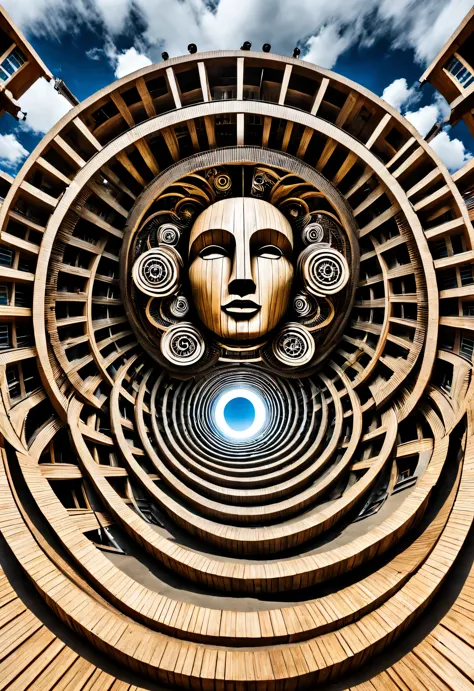 optical illusion ，Optical illusion，a twisted, A mechanical palace rotating inside a kaleidoscope，wooden twisted human face，Earth...