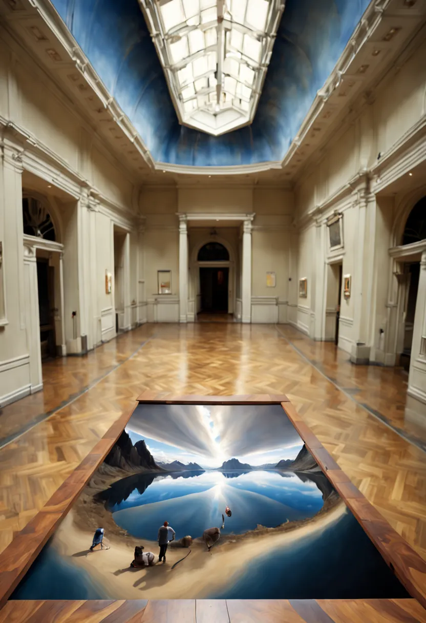 photorealistic image prompt: (an astonishing anamorphic illusion) painted on the floor of a large, open space. the artwork featu...