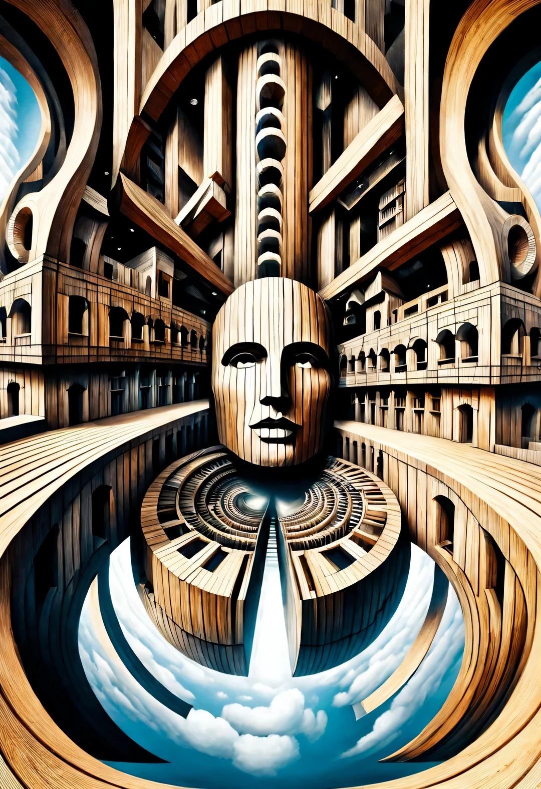 optical illusion ，Optical illusion，Twisted spiral palace inside a kaleidoscope，Wooden inverted twisted human face，（The left and right sides of the inverted face are perfectly blended)，Earth&#39;Natural mirror described as a strange phenomenon，huge human face，Inception，Repeating moving spiral shape，Perspective anamorphic images that distort perception of depth and space，These images appear to be moving，straight lines are curved，Fisheye效果，Fisheye（Fisheye），Recumbent（low angle shot），Super wide angle shooting（super wide shot）