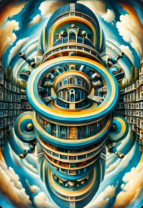 optical illusion ，Optical illusion，a twisted, A mechanical palace rotating inside a kaleidoscope，Upside down wooden twisted huma...