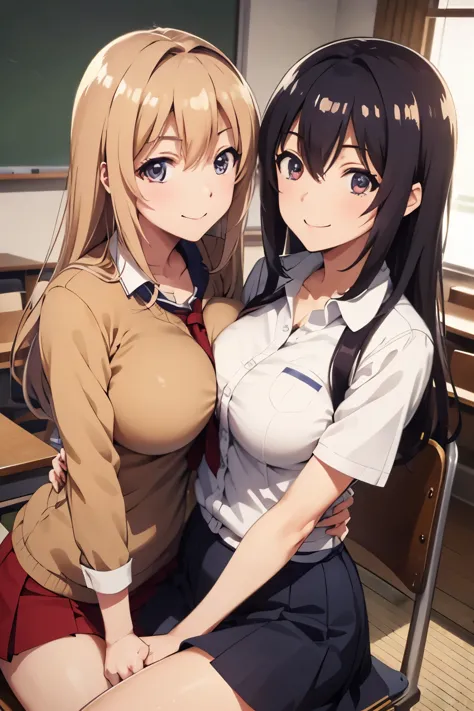 Full body, Japanese high school student, two lesbian couples, a girl with wavy hair and a girl with straight hair, cute, big eyes, small nose, big breasts, slender, shirt, classroom, cuddling, smiling,