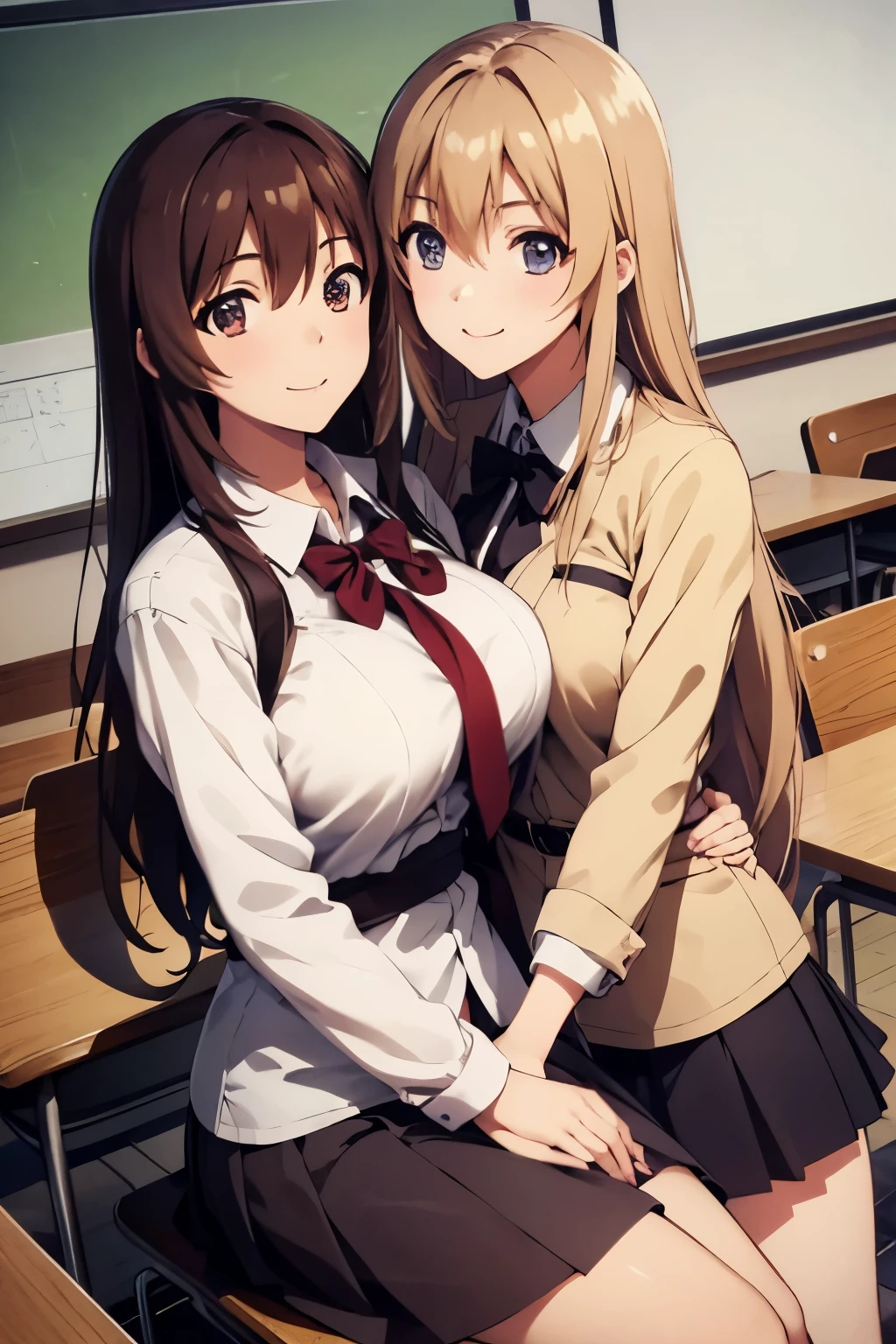 Anime image of two girls in school uniforms sitting in a classroom - SeaArt  AI