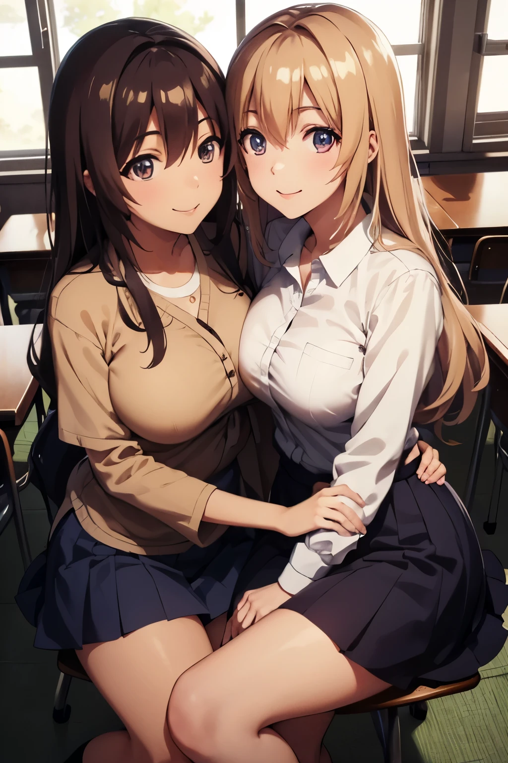 Two anime girls sitting on a desk in a classroom - SeaArt AI