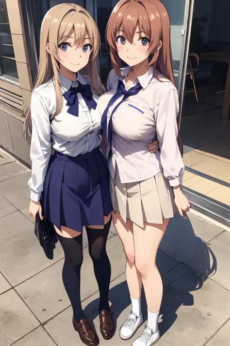 Full body, Japanese high school student, two lesbian couples, a girl with wavy hair and a girl with straight hair, cute, big eyes, small nose, big breasts, slender, shirt, classroom, cuddling, smiling,