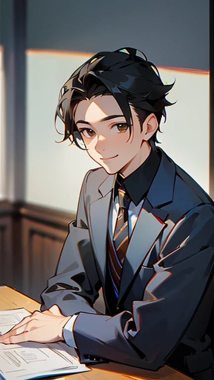 masterpiece, 最high quality, high quality, man 1、30 years old,alone, male focus, soft gaze, smiling、Black hair slicked back with pomade, brown eyes, Leather Shoes、necktie simple、Charcoal gray suit、working at the desk in the office