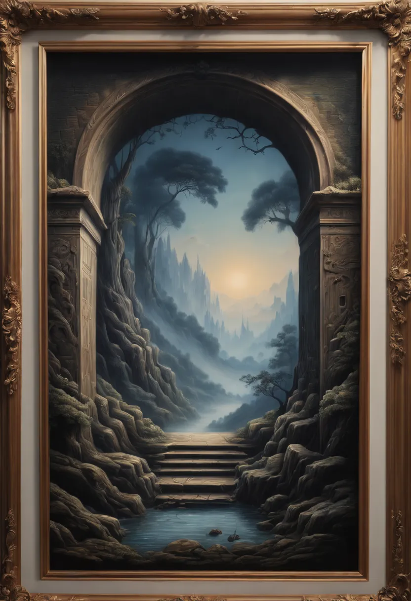 optical illusion, a 3d painting with frame on the wall, hand draw, 3d painting of mysterious entrance, like real, fantasy art, e...