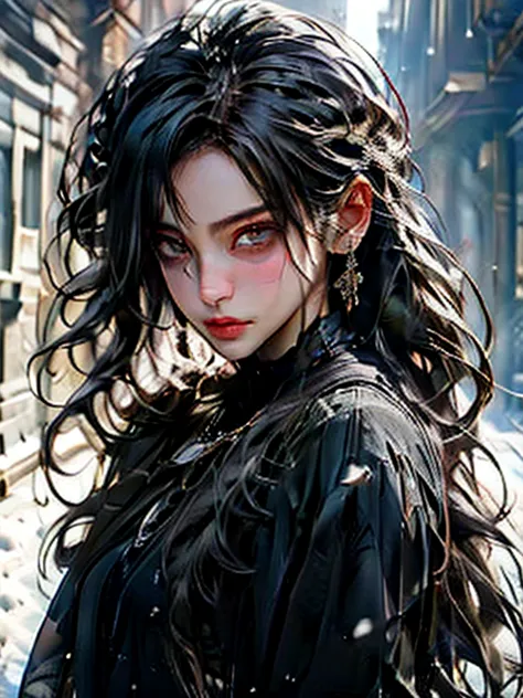 (best quality), (high detail), (close up), (1girl), a beautiful goth girl with snow white skin jet black hair and mascara runnin...