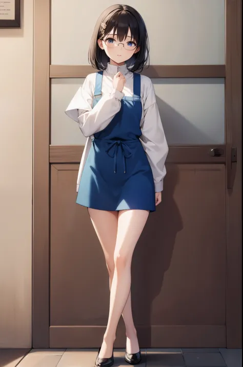 1girl, asian, middle hair, skirt, glasses, bare legs, apron