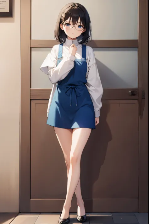 1girl, asian, middle hair, skirt, glasses, bare legs, apron
