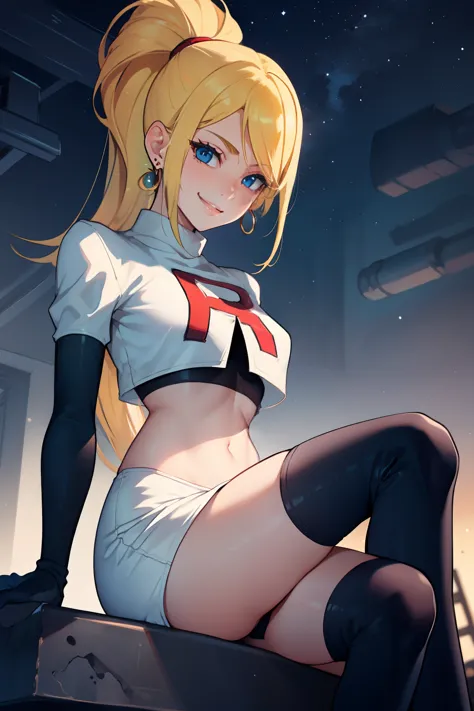 samus aran, ponytail, hair tie, glossy lips, earrings ,team rocket, team rocket uniform, red letter R, white skirt, white crop t...