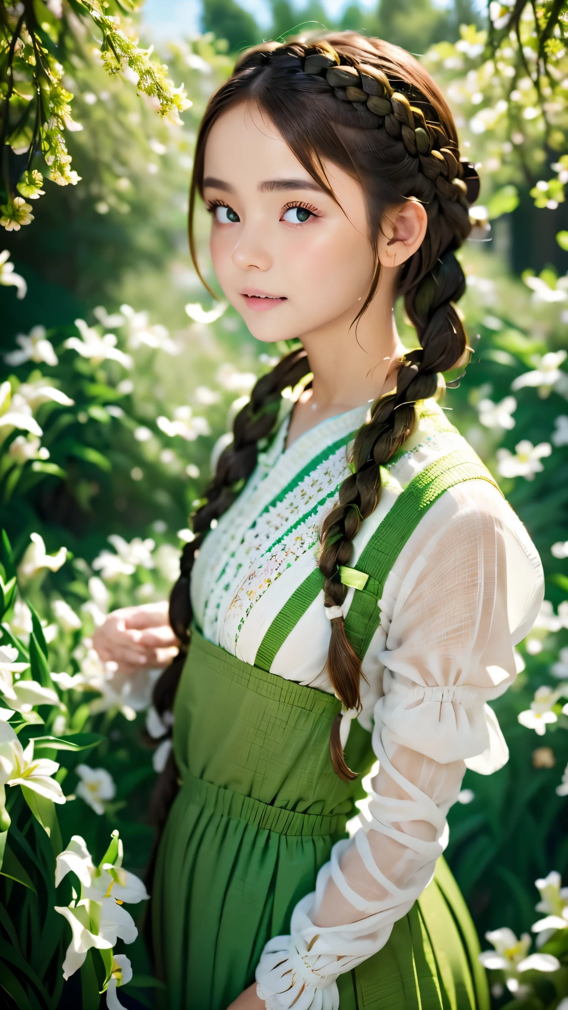 one woman,french braid、Green clothes to wear,Surrounded by lilies of a whimsical sight、Random Posing、Swarm of swirling clouds,dignified expression,set in the light,fantastic background,blurred background,lots of details,vector,4K,wide image,Complete Scene.highest quality、Highest image quality、ultra high resolution、master piece、