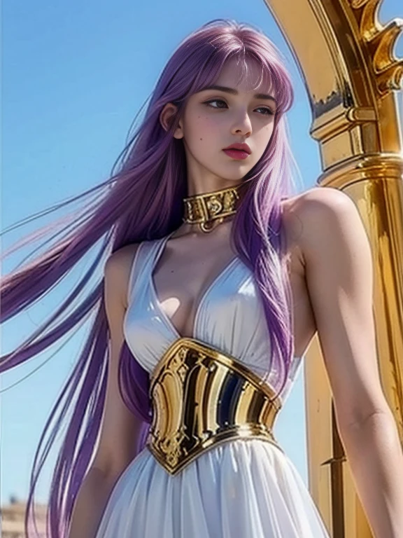 1 girl realistc age 19, athena, aesthetic artwork, irish, long purple hair, grayeyes light, some small freckles on the face, pale skin, A-cup, medium breasts, slim body, runners body, (textured skin, skin pores:1,1), (moles:0,8), imperfect skin, (Saint Seiya Athena long dress fantasy realistic white,v-neckline to the chest, intrincate detail, long dress fantasy princes, high detailed), ((high gold belt with encrusted jewels)), (extremely detailed 8K wallpaper),soft lighting, high quality, film grain, fujifilm XT3 sharp focus, f 5.6, 50mm, high detailed, sharp focus, complex details, standing, SaintseiyaSaoriKido