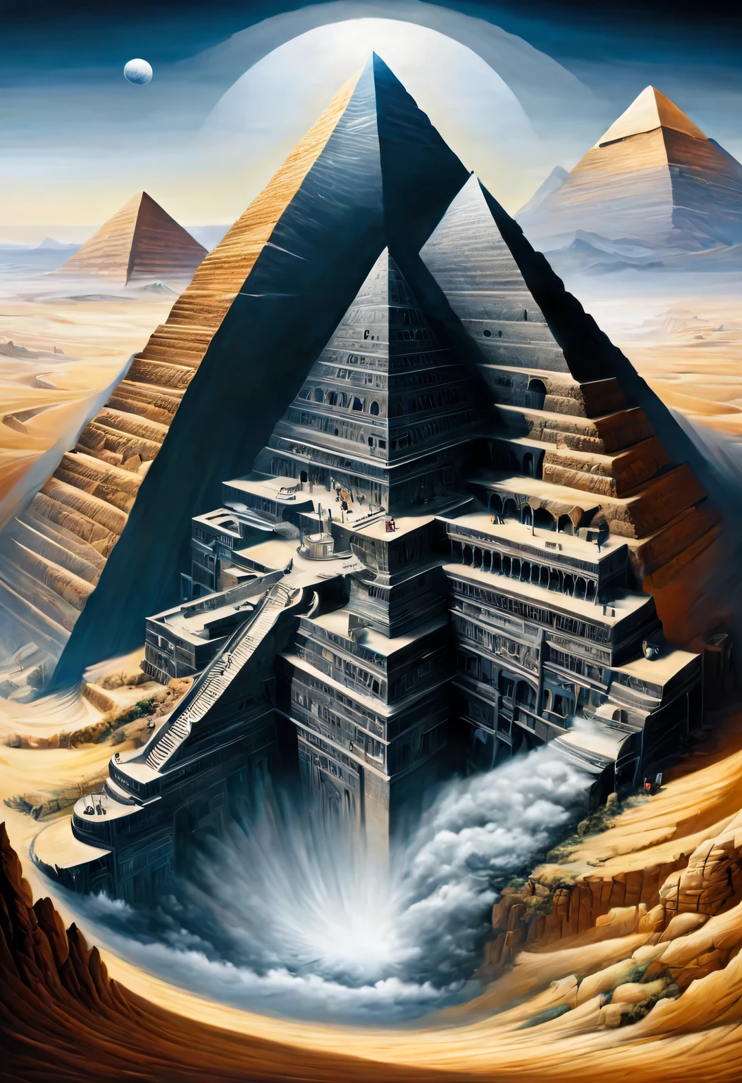 illusion d&#39;optique ，illusion d&#39;optique，complètement asymétrique，Palais pyramidal du désert tournant et tournant en spirale，（Sphinx humain géant inversé），Terre&#39;Miroir naturel peint comme un phénomène étrange, Apporter un impact visuel aux gens，，création，une forme répétitive ou en spirale qui bouge ou change，ou des images déformées en perspective qui déforment la perception de la profondeur et de l&#39;espace，Ces images semblent bouger，les lignes droites sont courbes，oeil de poisson效果，oeil de poisson（oeil de poisson），Horizontal（prise de vue en contre-plongée），Prise de vue super grand angle（plan super large）
