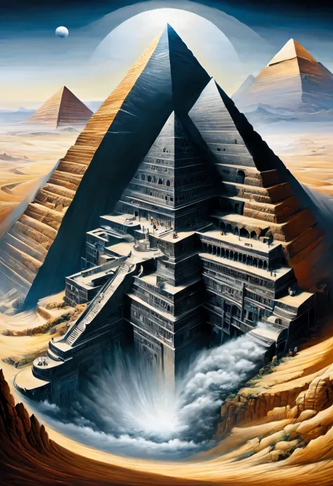 Optical illusion ，Optical illusion，completely asymmetrical，Spiral twisting and rotating desert pyramid palace，（Inverted giant hu...