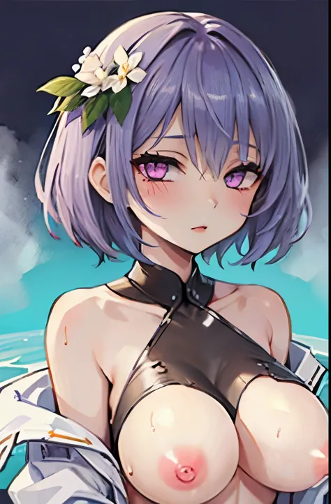 masterpiece, highest quality, 1 girl,99 dialects々, Blue-purple hair、short hair、twin tails、purple eyes(heart-shaped pupil) 、White flower hair ornament、full nude、Sexy、Slender、hot spring background、big breasts、I could see the whole body、blush、Face during estr...