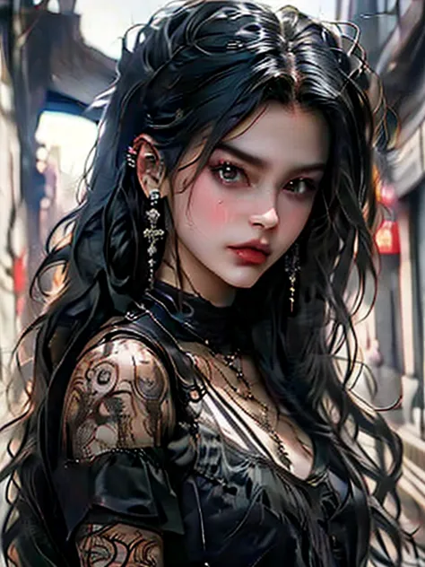 (best quality), (high detail), (close up), (1girl), a beautiful goth girl with snow white skin jet black hair and mascara runnin...