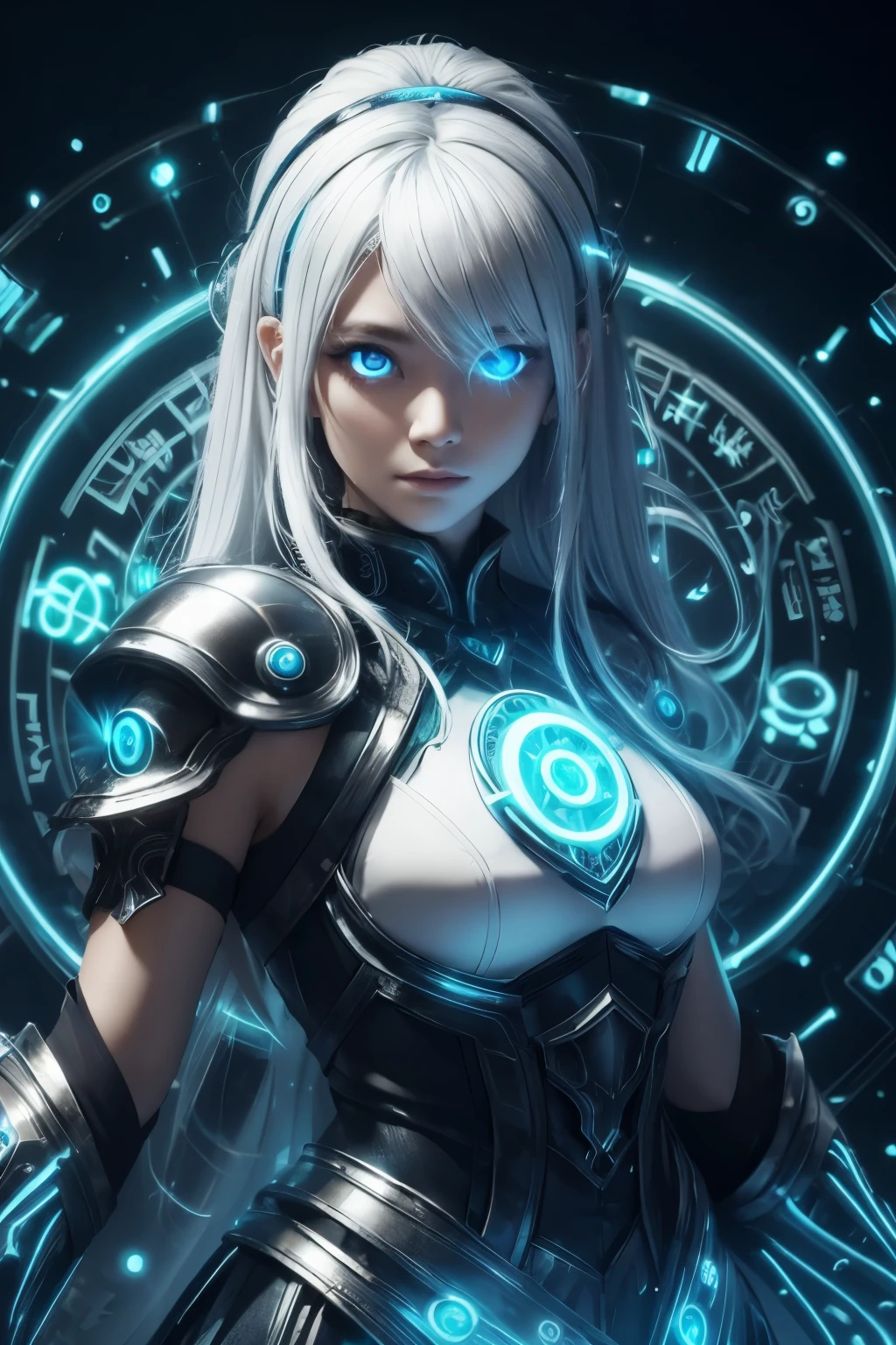 ((upper body)), best quality, masterpiece, a Japanese woman with ((Luminescence white hair)), ((detailed pearl blue eye)), high detailed goddess soul, focus on character, solo, (style swirl magic), solo, from front, front view, looking at viewer, detailed face, ((Luminescence Lighting Magic Circle theme)), perched on a ledge, tight neon body, light streaks, dark abyssal wanderer abstract, ((Simple Luminescence Neon Gown)), inscribed with mystical runes, outdoor dystopian background,