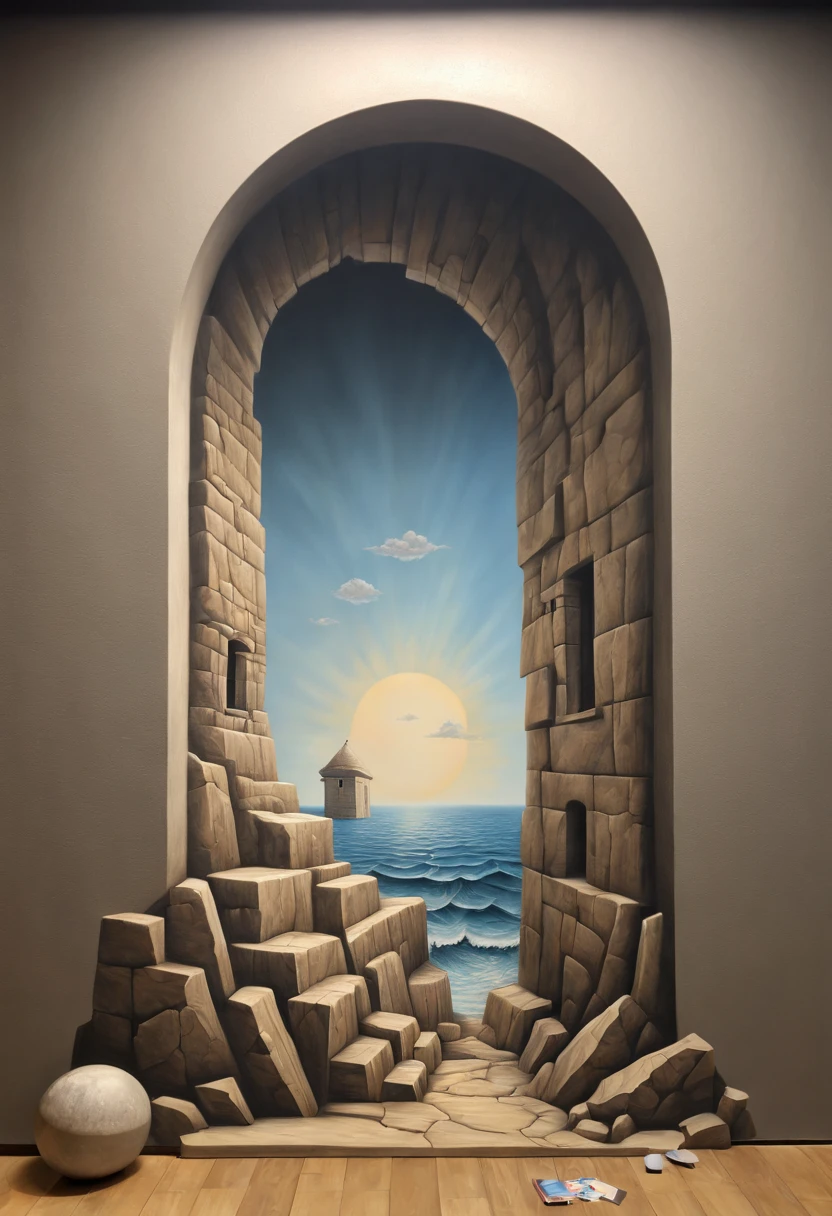 Optical Illusion art, Optical Illusion effect, trompe l'oeil, 3d painting on the wall, hand draw, reality, fantasy art, enhance, intricate, (best quality, masterpiece, Representative work, official art, Professional, 8k)