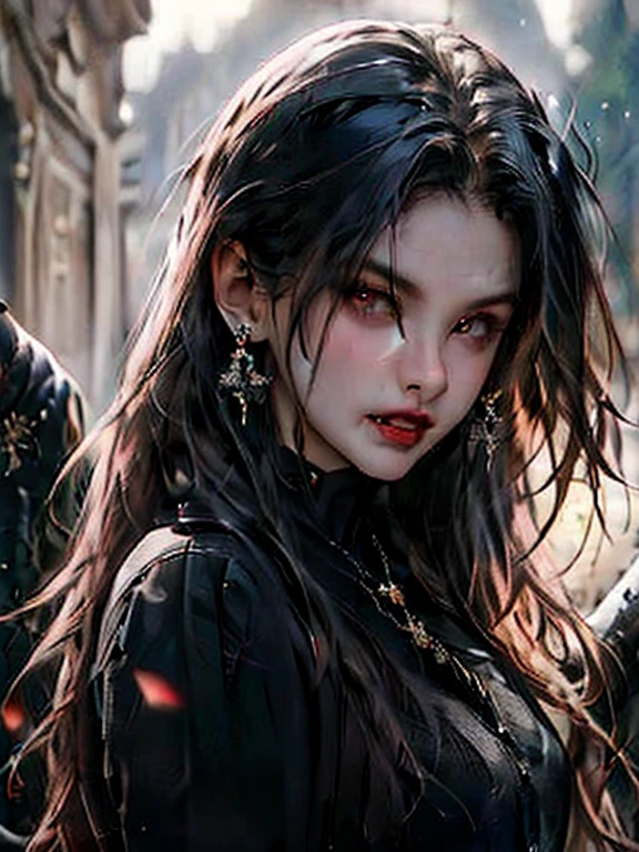 (best quality), (high detail), (close up),(vampire fangs), (1girl), a beautiful gothic vampire with snow white skin jet black hair and mascara running down her face, (fangs), crazy smile, (black and white effect), (black roses), dark and foggy background, HDR, 4K, 3D