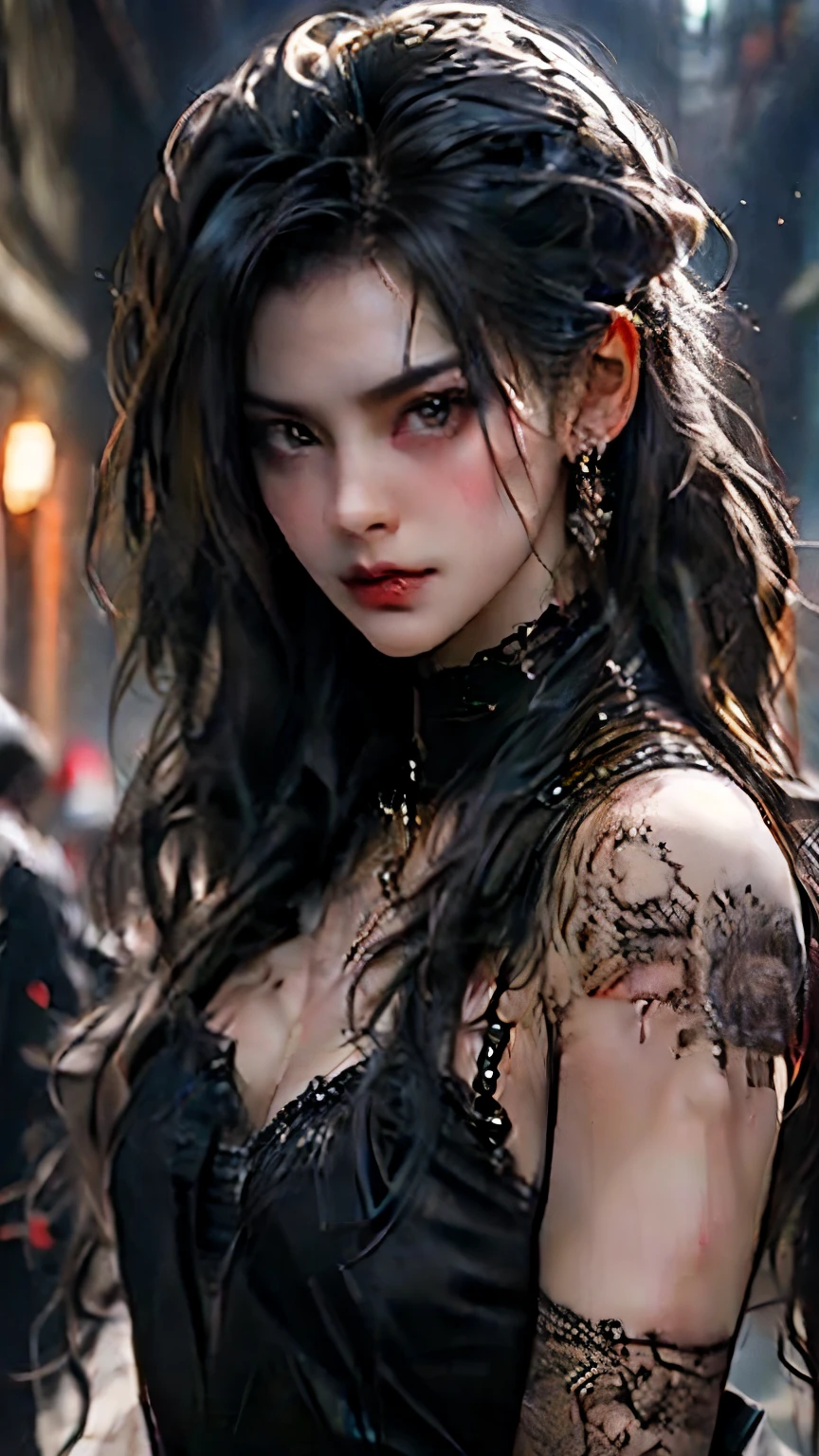 (best quality), (high detail), (close up),(vampire fangs), (1girl), a beautiful gothic vampire with snow white skin jet black hair and mascara running down her face, (fangs), crazy smile, (black and white effect), (black roses), dark and foggy background, HDR, 4K, 3D