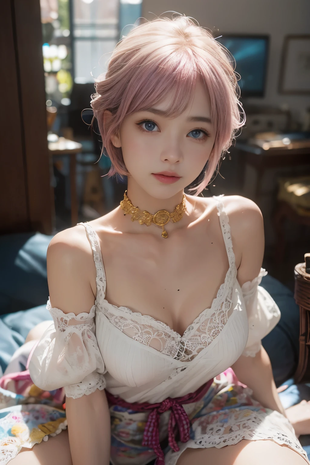 20yo woman， （masterpiece： 1.4）， （8K， reality， original photo， best quality： 1.4）， Japan， （1 girl）， beautiful face， （Real faces： 1.4）， （pink hair， short hair： 1.3）， hairstyle， Realistic blue eyes， beautiful details eyes， （reality皮肤： 1.3）， beautiful skin， Attractive， ultra high resolution， Super realistic， HD， golden ratio， （Detailed face： 1.4）， （Japan演员： estuary）， Sheer vest，粉色short hair，White透明，White，NSFW，big，big屁股强调，The nipple areola is clearly shaped，looking into camera，Sitting on the sofa，pubic shape is transparent and clear，posture（Bend your knees and legs open）