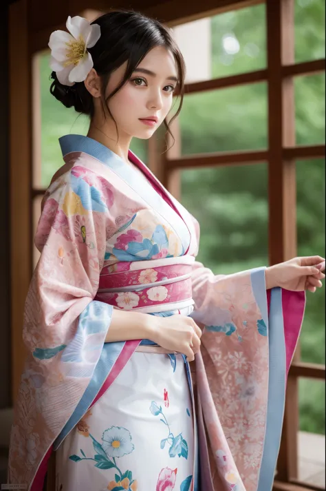 Ulchan-6500-v1.1, (RAW photo:1.2), (Photoreal), beautiful details, (genuine: 1.4), Woman in elegant yukata standing, in yukata, ...