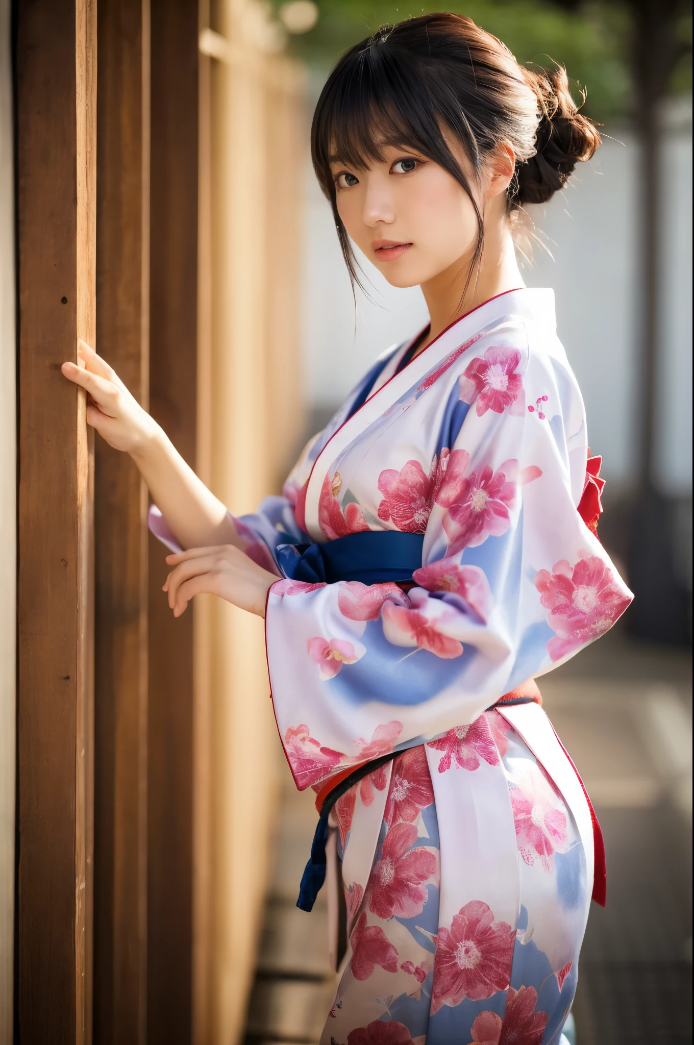 Ulchan-6500-v1.1, (RAW photo:1.2), (Photoreal), beautiful details, (genuine: 1.4), Woman in elegant yukata standing, in yukata, Showing her thighs and legs by opening the hem herself、wearing kimono, kimono, In kimono, Japan Kimono, bathrobe, wearing kimono, japanese model, traditional japanese, japanese woman, Light-colored kimono, beast, Elegant Japanese Woman, japanese goddess、(clear pictures)、born,(8k, highest quality, masterpiece:1.2),(intricate details:1.4),(photo-realistic:1.4),octane rendering, Super detailed complex 3D rendering, soft light in the studio, rim light, vivid details, Super detailed, realistic skin texture, details face, beautiful detailed eyes, Highly detailed CG Unity 16k wallpaper, compensate, (detailed background:1.2),