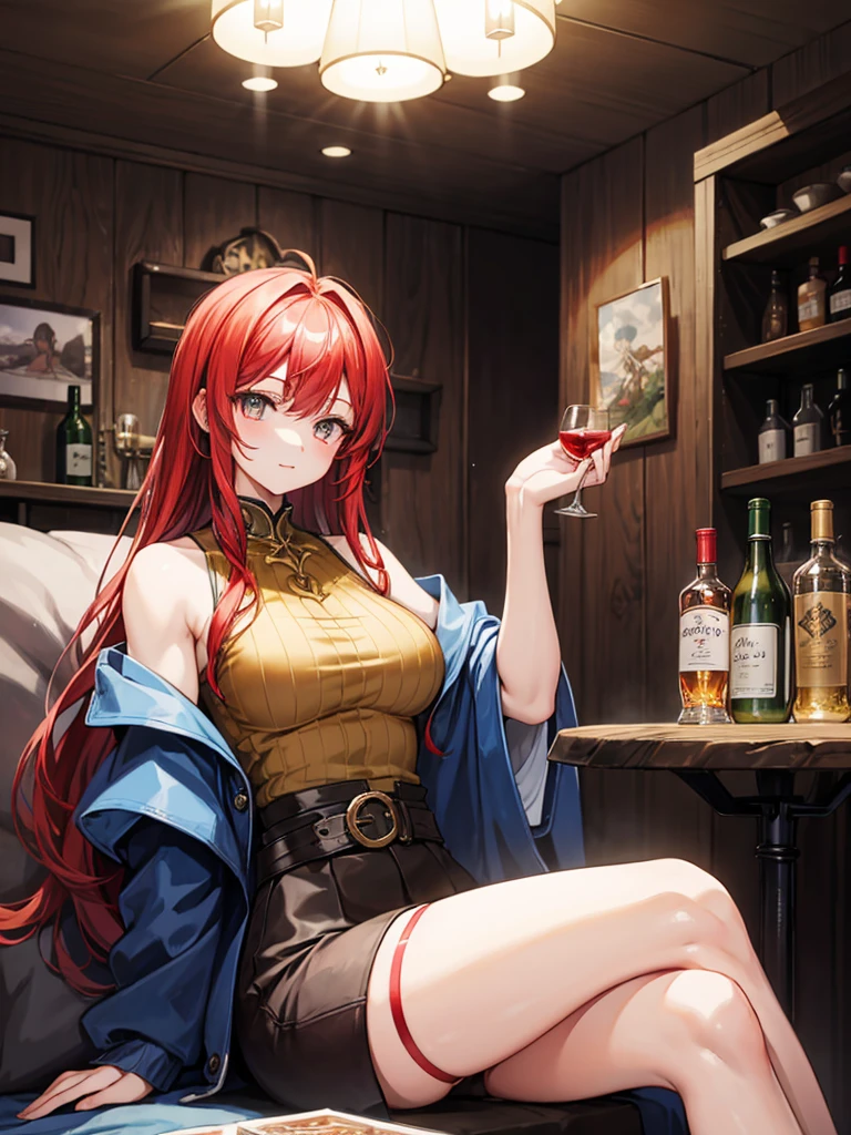 （（（masterpiece、Highest image quality、highest quality、highly detailed unity 8ｋwallpaper）））、（（（Illustration of one girl、beautiful girl）））、（adventurer）、（（（neutral）））、（（red hair、long hair、golden eyes））、（（tall））、（（（muscular and strong body、muscle girl、muscle、stocky build、thickset physique、muscular legs、muscular arms、broad shoulders、solid chest）））、（（（manspreading、sitting in a chair）））、（（（Clothing in the style of the Middle Ages、adventurer風の服、adventurer風の装備）））、（Medieval tavern、Liquor bottle on the table）