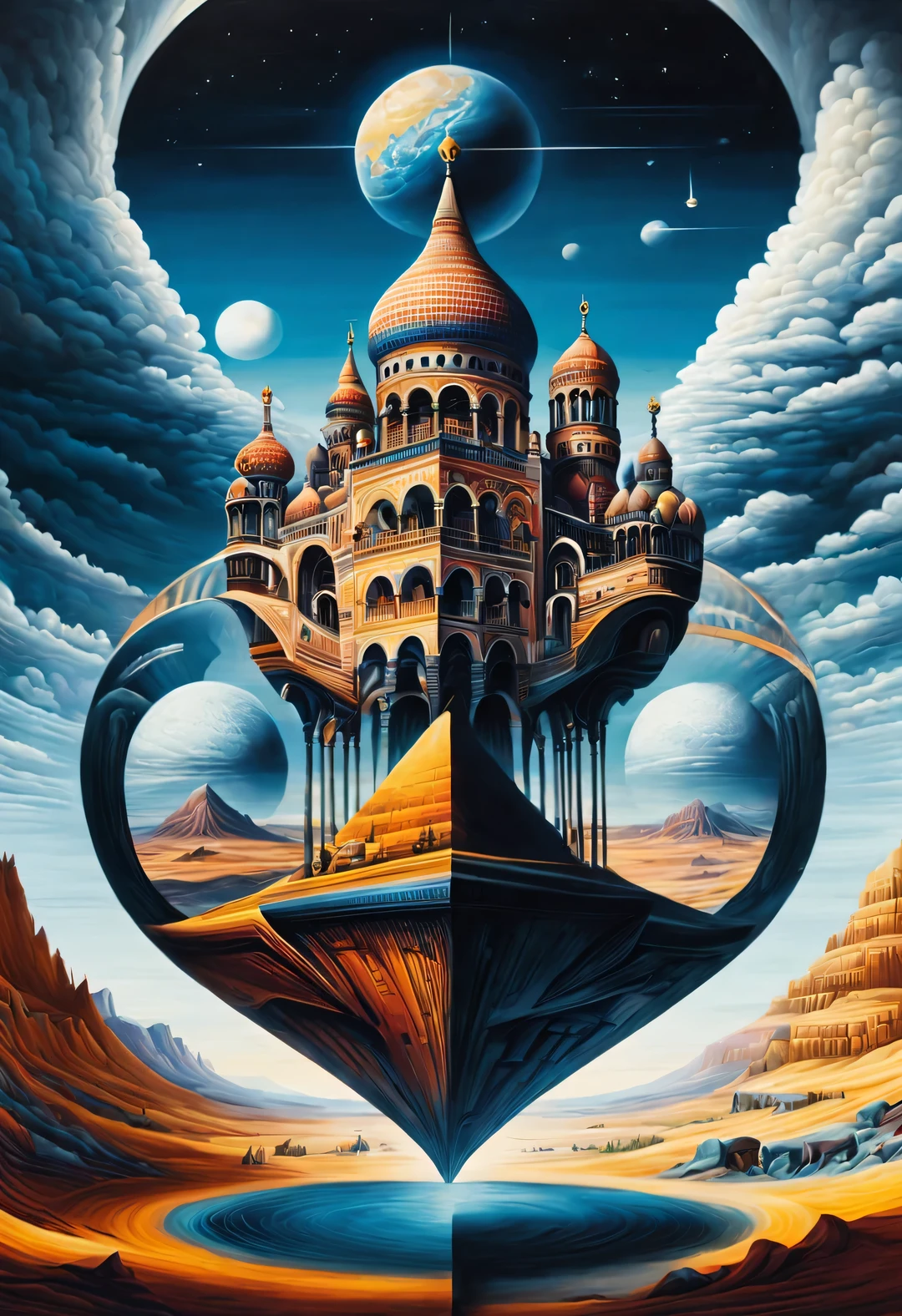 illusion d&#39;optique ，Iwona Lifsches Style, paysage naturel époustouflant, église，illusion d&#39;optique，complètement asymétrique，Palais pyramidal du désert tournant et tournant en spirale，（Sphinx humain géant inversé），Terre&#39;Miroir naturel peint comme un phénomène étrange, Apporter un impact visuel aux gens，，création，une forme répétitive ou en spirale qui bouge ou change，ou des images déformées en perspective qui déforment la perception de la profondeur et de l&#39;espace，Ces images semblent bouger，les lignes droites sont courbes，Effet fisheye，double contact，Horizontal（prise de vue en contre-plongée），Prise de vue super grand angle（plan super large）
