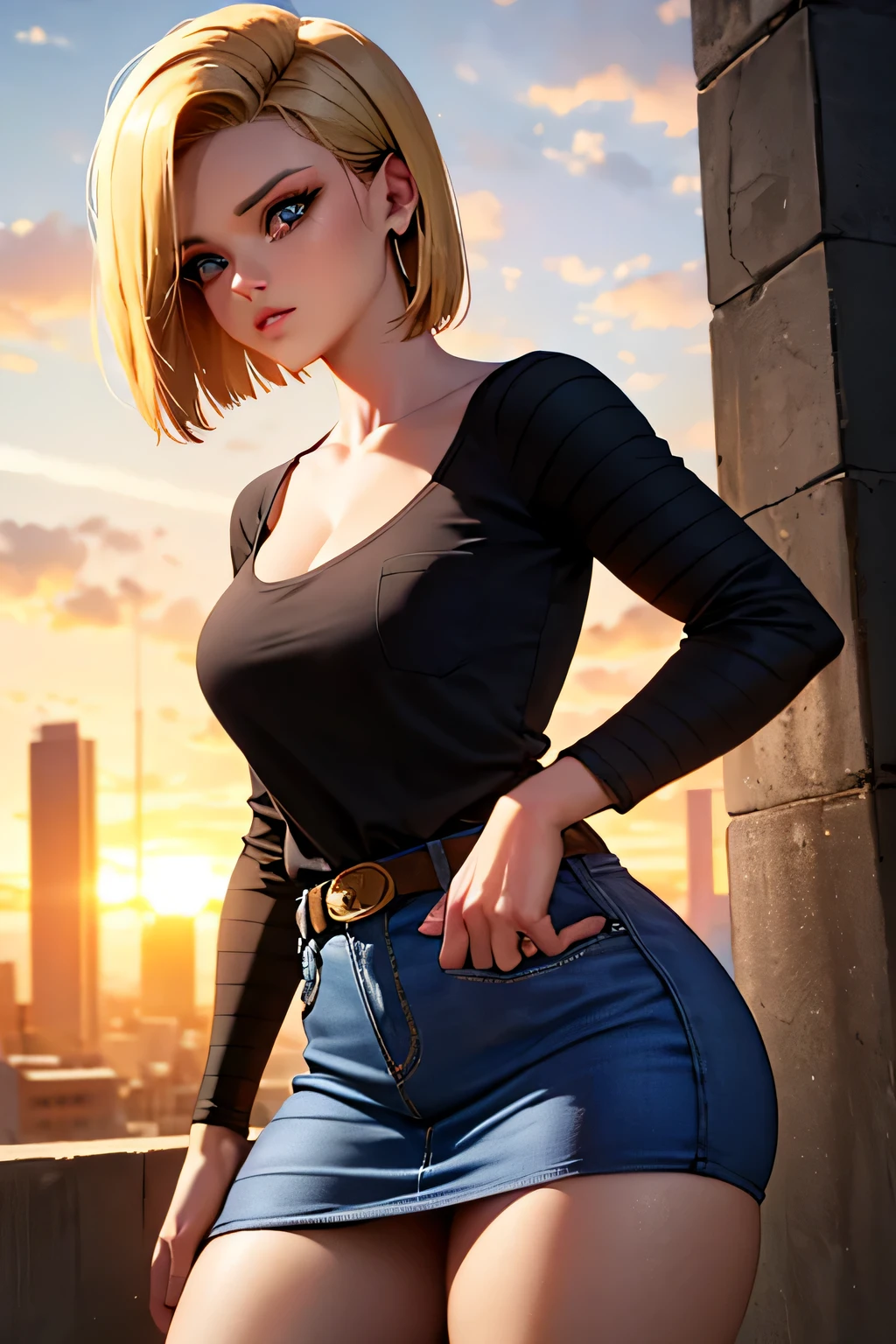 android 18, android 18, blonde hair, blue eyes, eyelash, hoop earrings, short hair, earrings, break belt, black legwear, black shirt, breast pocket, cleavage, clavicle, denim, denim skirt, high-waist skirt, jewelry, long sleeve, pocket, shirt, shirt tucked in, skirt, striped, striped sleeves, waistcoat,, break outdoors, city, null, cloud, sun, break looking at viewer, (cowboy shot:1.5), break (masterpiece:1.2), highest quality, High resolution, unity 8k wallpaper, (figure:0.8), (beautiful and fine eyes:1.6), highly detailed face, perfect lighting, Very detailed CG, (perfect hands, perfect anatomy),