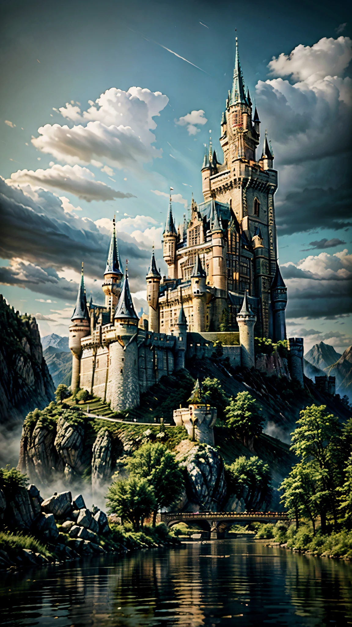 一幅山上城堡的畫，一條河流流經城堡, high 奇幻城堡, 奇幻城堡, 史詩城堡 with tall spires, 山上的城堡, 西爾萬·薩拉伊, 安德烈亞斯·羅查風格, 奇幻藝術風格, 城堡背景, 美麗的城堡, 幻想風格藝術, 史詩城堡, 安德烈亞斯·羅查和約翰·豪, 巨大的城堡, 4K奇幻藝術