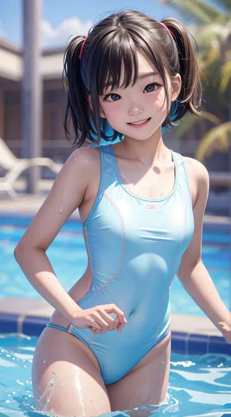 Several 9 year old asian kids, wearing one-piece swimsuits, swimming in pool, cute facial expressions, smile, lively, bbwchan, s...