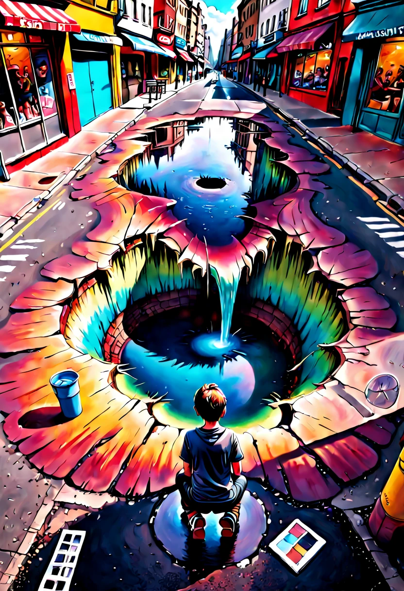 un artista callejero ha pintado un agujero completamente realista lleno de agua en mitad de una calle, el artista con tiza en mano está arrodillado junto a él. Pintura mate digital maximalista atmosférica espectacular, cinemática épica, brillante, impresionante, intrincada, meticulosamente detallada.