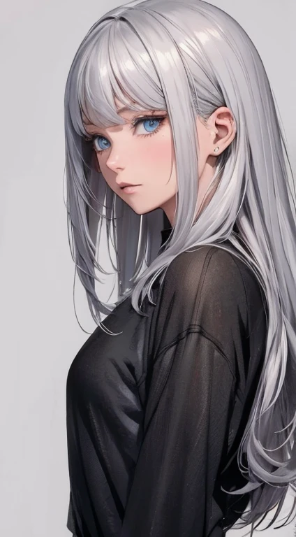 anime style、silver hair、Female Warrior、dynamic、rapier、take a stand、feel the power of will、blue eyes、black and white military uniform style、leather strap、black choker、The background is dramatic、active、The movement of the sword stands out、