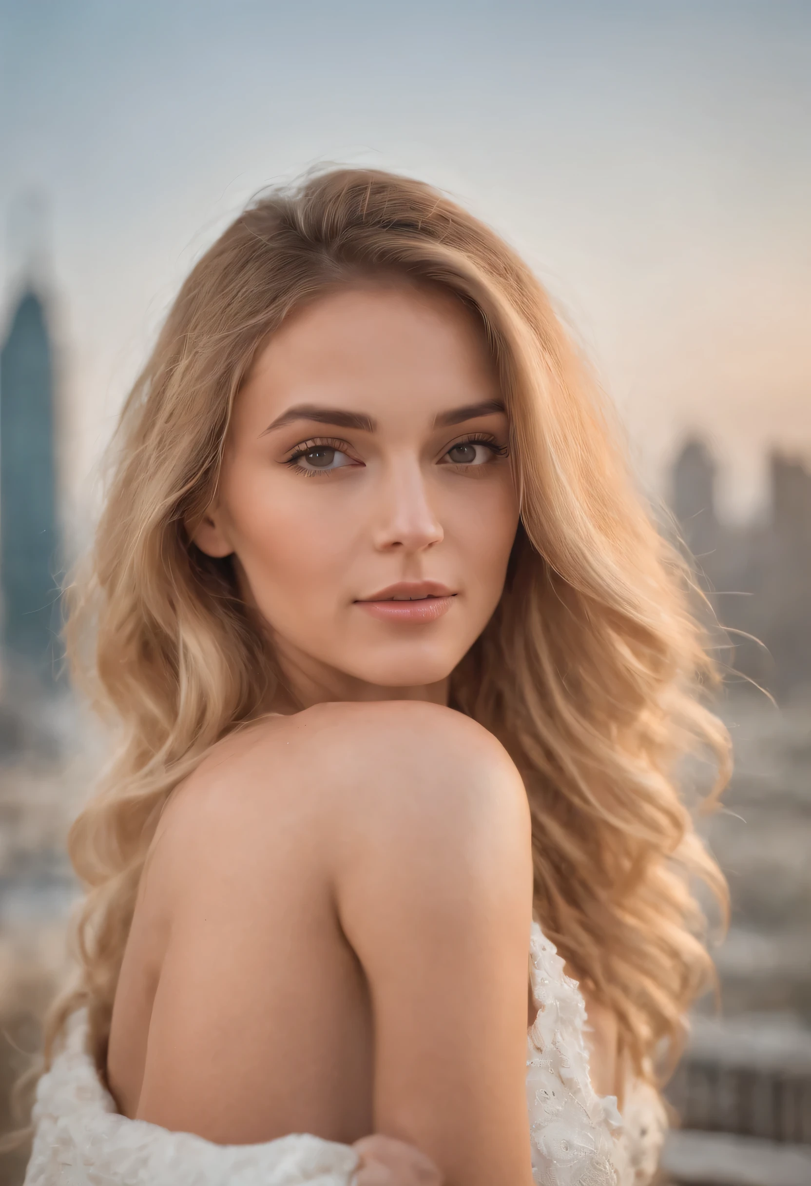 A woman with long blonde hair and a white dress posing for a picture -  SeaArt AI