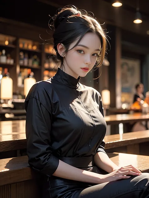 portrait of abigail: stunning woman with an updo, sitting in a nightclub bar. this masterpiece is of the highest quality, super ...