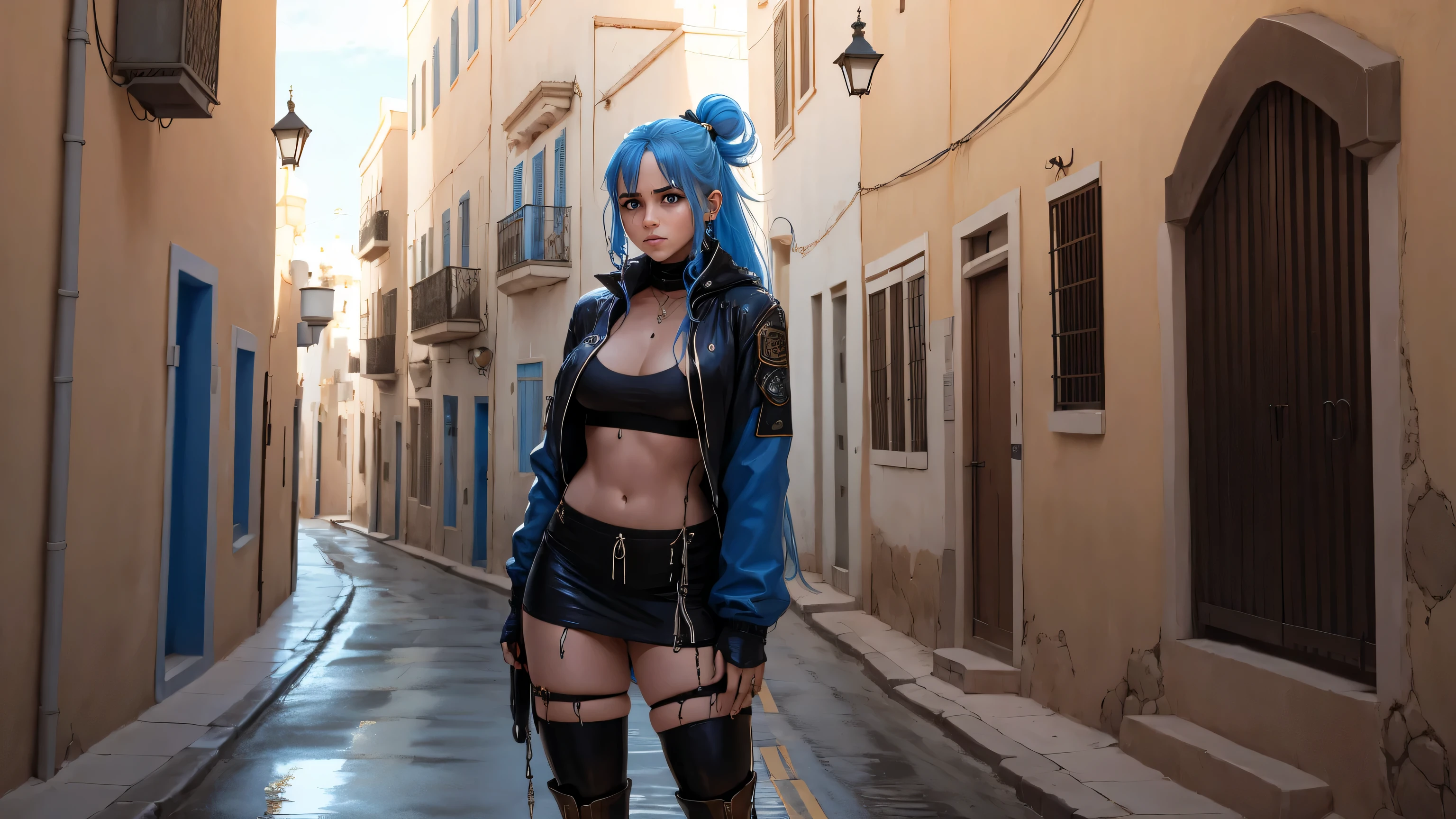 4K, SOLO, 1girl, GIRL, Alone, Aqua, Solo, position in the middle of the image, Blue Hair, blue eyes, Breasts, hair rings, long hair, White skin, marruecos, drip, Roadman Marocco, caminando por una calle de Marruecos, Bandera de marruecos, Vistiendo ropa de medio oriente, wearing a drip jacket, realistic, wearing black gloves, badass pose, plano general