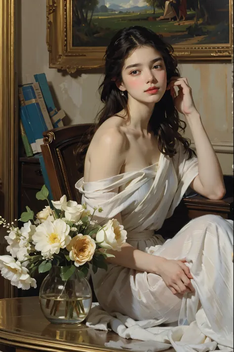 (masterpiece), (best quality), oil_painting, classical painting, 1girl, portrait, bare shoulder, dress, earth tone, flowers