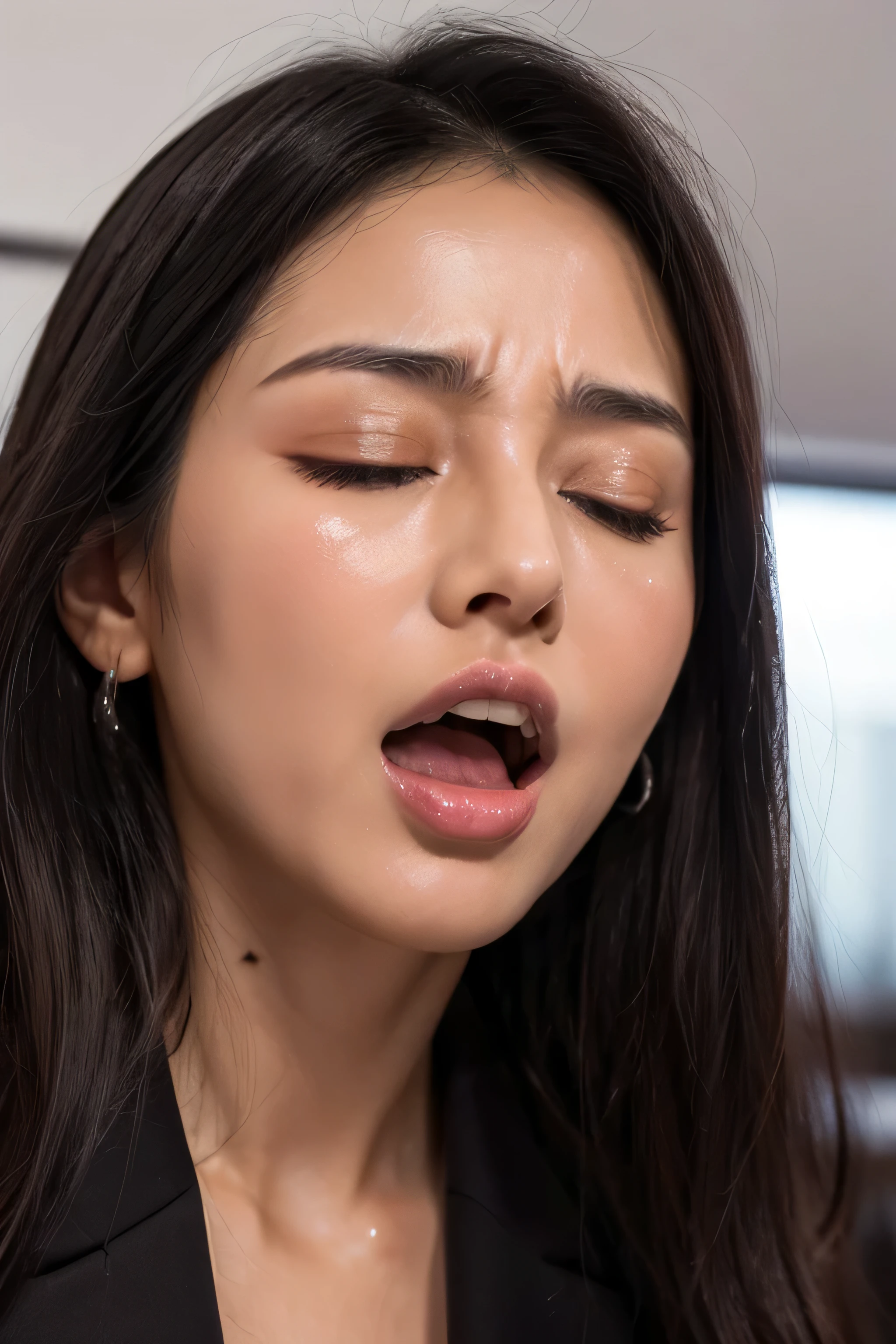 A woman with a black jacket and a black shirt is making a face