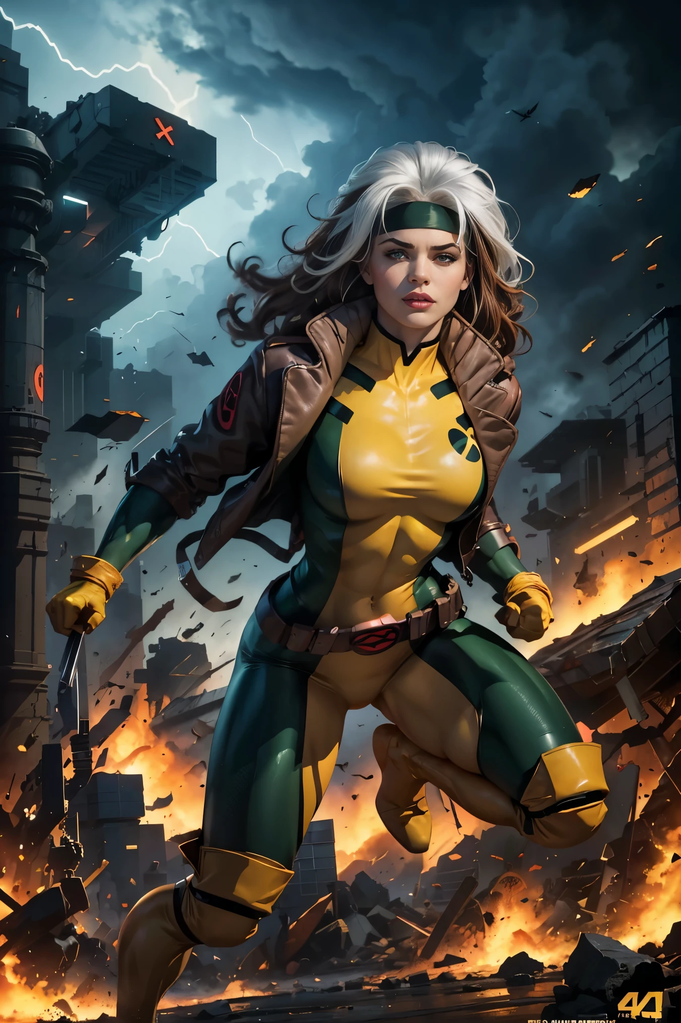 (full body shot,Rogue,X-Men),yellow thigh high boots,battle scene,action-packed, intense,comic book style,detailed costume,superhero,mutant,powerful stance,dynamic pose,street fighting,urban environment,explosions,debris,flying debris,smoke,high energy,authentic comic book feel,accentuated features,accentuated muscles,vivid colors,vibrant and bold,visual effects,heroic,confident expression,redhead,green eyes,rugged,edgy style,slicked back hair,leather jacket,combat gloves,martial arts moves,leaping,superhuman strength,(best quality,4k,8k,highres,masterpiece:1.2),ultra-detailed,(realistic,photorealistic,photo-realistic:1.37),comic book panel composition,crisp lines,inked art style,dynamic shading,strong highlights,city destroyed in the background,apocalyptic setting,powerful mutant abilities,controlled energy release,power signature glowing,surrounded by enemies,defiant gaze,stormy sky,dramatic lighting,frozen in action