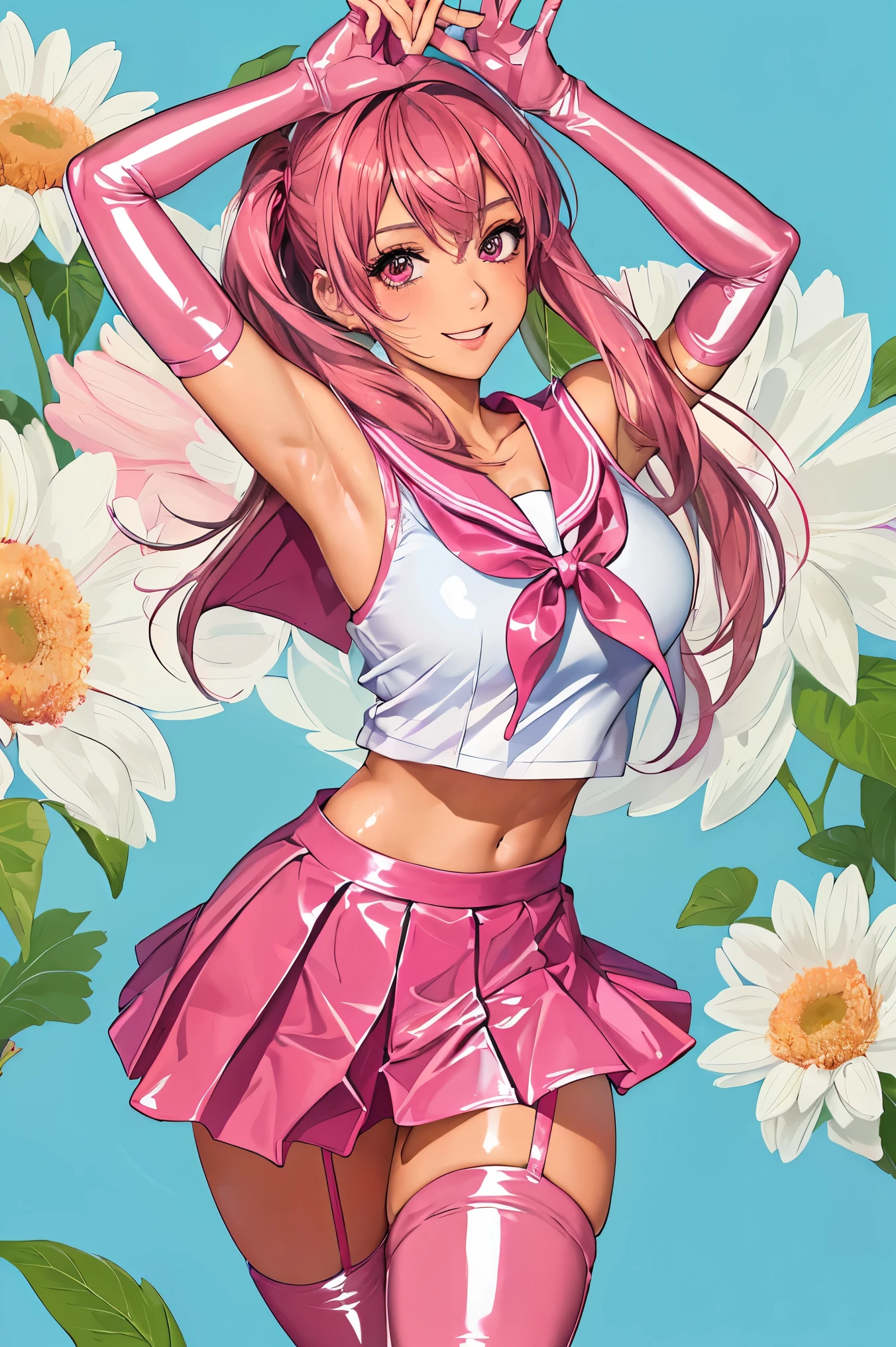 1girl, solo, floral background, black hair, long hair, red eyes, large breasts, (red armband), school, classroom, solo, bare shoulder, pink pvc outfit, (pink pvc serafuku:1.3), (pink pvc pleated skirt), pink pvc elbow gloves, pink pvc thigh boots, (garter straps:1.2), 
smile, (oily skin:1.3), (shiny hair:1.2), (shiny glossy skin:1.2),