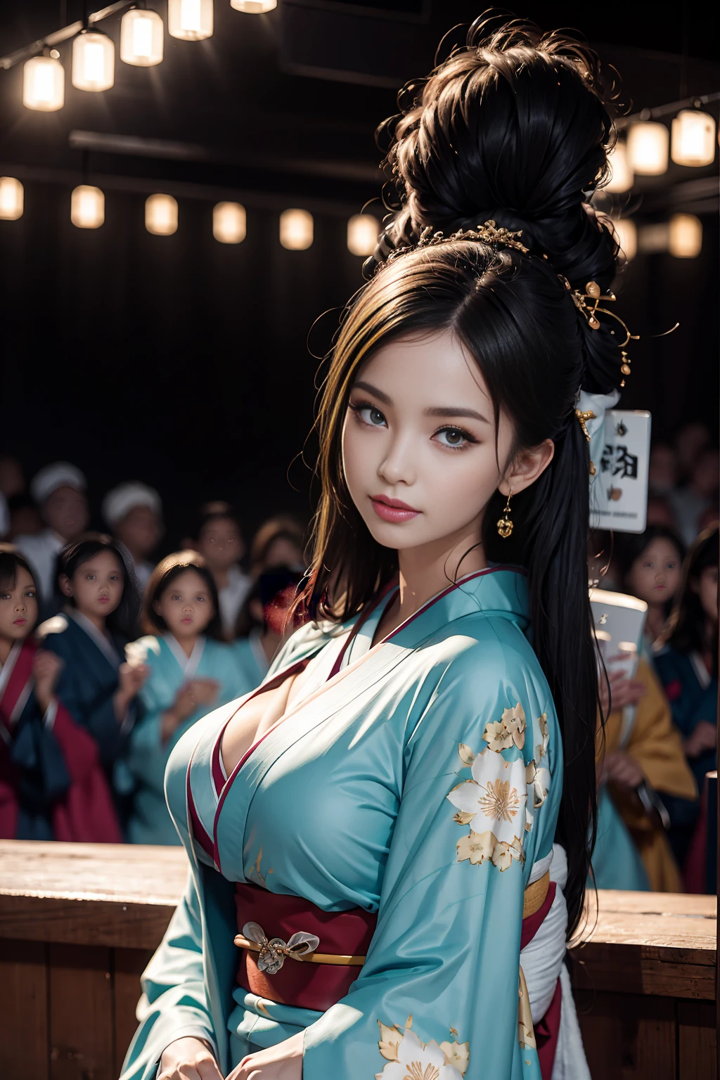 (best quality, realistic, 8K, high resolution), 1 girl, a woman, (dimples on the skin), (professional lighting), (kimono: 1.74), luxurious, ((big breasts, slender waist)), (girl looking at the audience: 1.54), ((looking at the audience: 1.6)), (looking at the camera), realistic, (bokeh effect), (dynamic pose: 1.2), masterpiece, intricate, authentic, sharpened focus, award-winning photograph, smiling