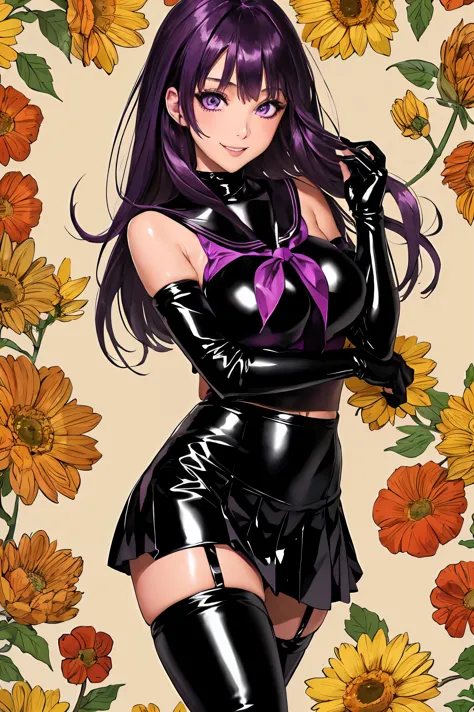1girl, solo, floral background, purple hair, long hair, purple eyes, large breasts, bare shoulder, black pvc outfit, , (black pv...