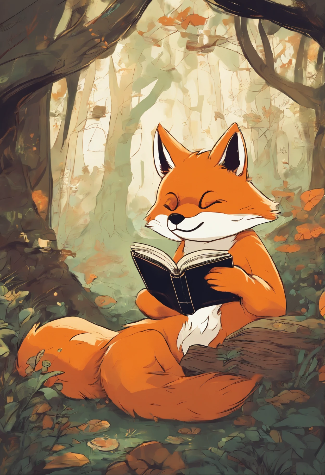 There is a fox reading a book in the woods - SeaArt AI