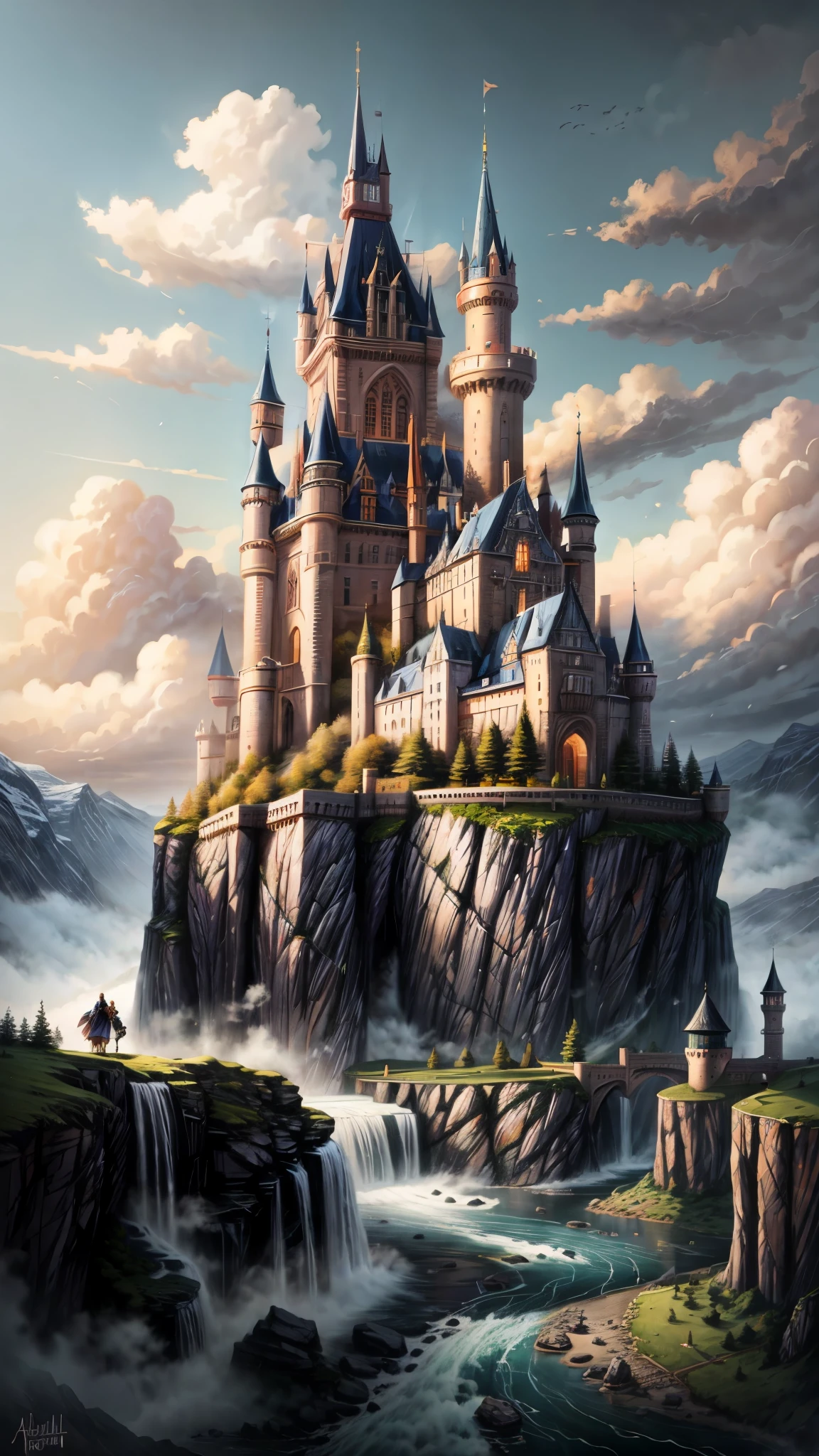 una pintura de un castillo en una montaña con un río que lo atraviesa, high castillo de fantasia, castillo de fantasia, castillo épico with tall spires, Castillo en la montaña, Silvain Sarrailh, estilo andres rocha, estilo de arte fantástico, hermoso castillo, FONDO DEL CASTILLO, arte de estilo fantasía, castillo épico, Andreas Rocha y John Howe, Castillo gigantesco, Arte de fantasía 4K