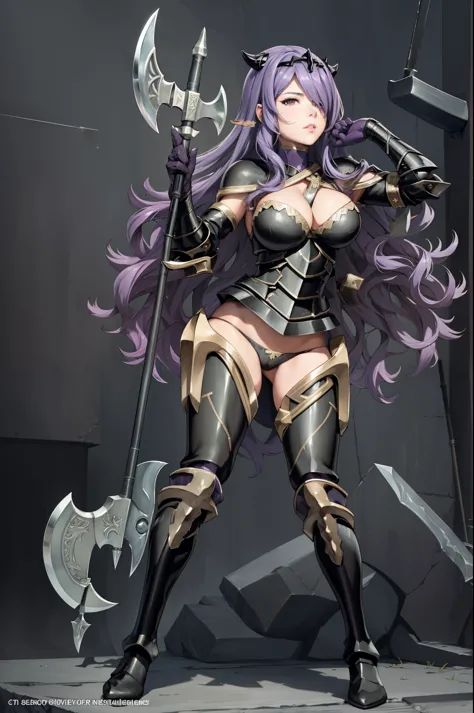 masterpiece, best quality, defCamilla, tiara, armor, gloves, gauntlets, black panties, thigh boots, looking at viewer, holding axe,
holding grip of axe, holding weapon, battle axe, holding long grip of axe, fighting stance