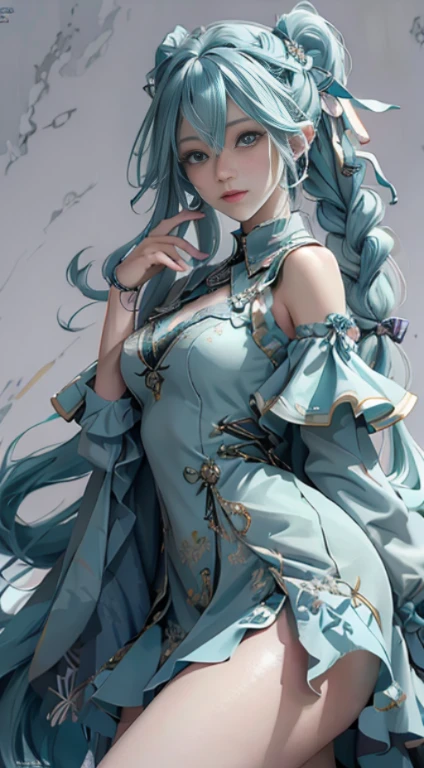 hatsune Miku、(ultra Realistic), (An illustration), (Highres), (8K), (highlydetailed), (the best illustration), (Beautiful Detailed Eyes), (beste Quality), (Super Detailed), (Master peace), (Wallpapers), (Detailed Face), solo, 1girl, Aristocratic dresses、White hair, Iris heterochromatic eyes, small moles under eye, medium chest, Long legs,Stunning composition,Foot braids,Beautiful and detailed legs