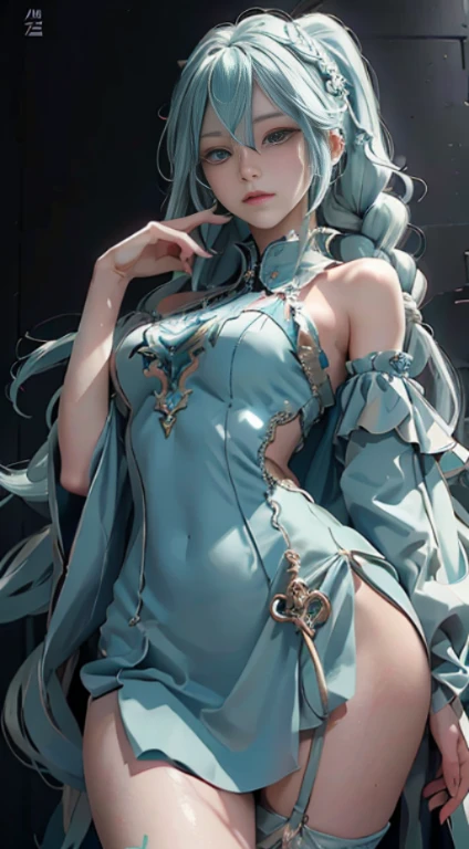 hatsune Miku、(ultra Realistic), (An illustration), (Highres), (8K), (highlydetailed), (the best illustration), (Beautiful Detailed Eyes), (beste Quality), (Super Detailed), (Master peace), (Wallpapers), (Detailed Face), solo, 1girl, Aristocratic dresses、White hair, Iris heterochromatic eyes, small moles under eye, medium chest, Long legs,Stunning composition,Foot braids,Beautiful and detailed legs